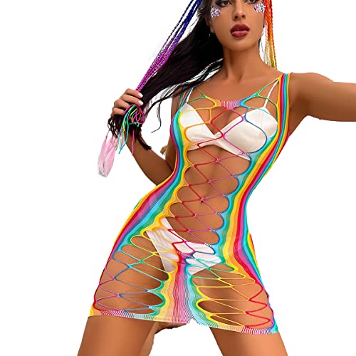 IBTOM CASTLE Damen Regenbogen Durchsichtig Fischnetz Kleid Bunte Mesh-Dessous Sommer Sexy Regenbogen Netzoberteil Bikini Cover Up Rave Festival Outfit Ärmelloses Kleid C Einheitsgröße von IBTOM CASTLE