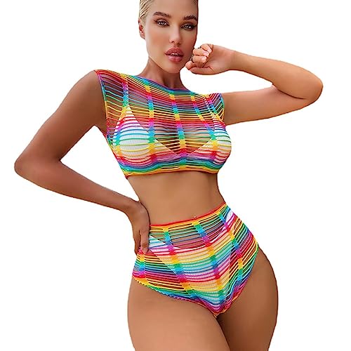 IBTOM CASTLE Damen Regenbogen Durchsichtig Fischnetz Kleid Bunte Mesh-Dessous Sommer Sexy Regenbogen Netzoberteil Bikini Cover Up Rave Festival Outfit Buntes Top + Rock A Einheitsgröße von IBTOM CASTLE