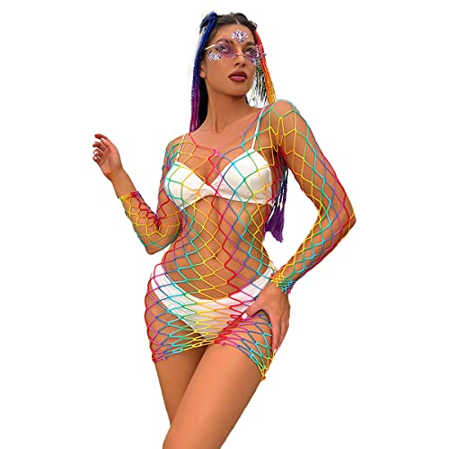 IBTOM CASTLE Damen Regenbogen Durchsichtig Fischnetz Kleid Bunte Mesh-Dessous Sommer Sexy Regenbogen Netzoberteil Bikini Cover Up Rave Festival Outfit Langärmeliges Kleid Einheitsgröße von IBTOM CASTLE