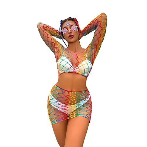 IBTOM CASTLE Damen Regenbogen Durchsichtig Fischnetz Kleid Bunte Mesh-Dessous Sommer Sexy Regenbogen Netzoberteil Bikini Cover Up Rave Festival Outfit Langes Oberteil+Rock A Einheitsgröße von IBTOM CASTLE