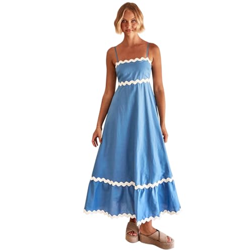 IBTOM CASTLE Damen-Sommerkleid Spaghettiträger Rickrack langes Maxikleid Fließendes Gesmoktes Kleid lässiges Strand-Sommerkleid Blue L von IBTOM CASTLE