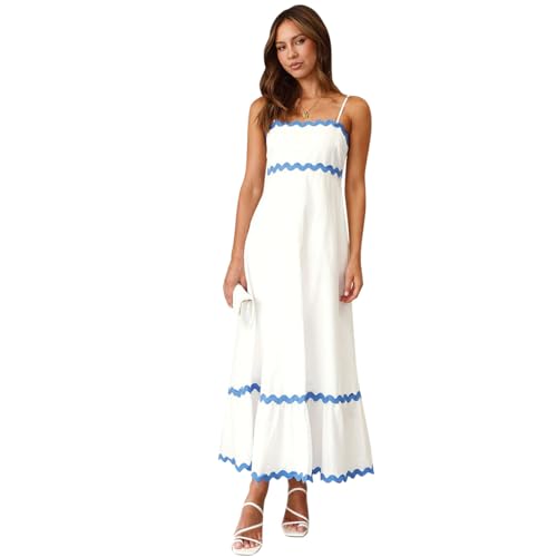 IBTOM CASTLE Damen-Sommerkleid Spaghettiträger Rickrack langes Maxikleid Fließendes Gesmoktes Kleid lässiges Strand-Sommerkleid White+Blue S von IBTOM CASTLE