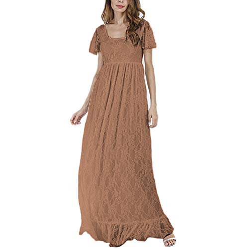 IBTOM CASTLE Damen Umstandskleid Festlich Kleid aus Spitze Kurzarm Mutterschafts Schwangerschaftskleid Frauen Lange Kleidung Elegante Hochzeit Abendkleid Kaffee 2XL von IBTOM CASTLE