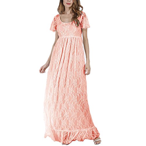 IBTOM CASTLE Damen Umstandskleid Festlich Kleid aus Spitze Kurzarm Mutterschafts Schwangerschaftskleid Frauen Lange Kleidung Elegante Hochzeit Abendkleid Rosa 4XL von IBTOM CASTLE