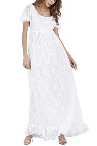 IBTOM CASTLE Damen Umstandskleid Festlich Kleid aus Spitze Kurzarm Mutterschafts Schwangerschaftskleid Frauen Lange Kleidung Elegante Hochzeit Abendkleid Weiß 3XL von IBTOM CASTLE