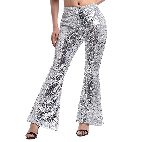 IBTOM CASTLE Damen Vintage Flare Hosen Glitzer Pailletten Schlaghose Glänzenden Tanzhosen Weites Bein Hose Freizeithose Festliche Party Disco Mode Disco Rave Silber M von IBTOM CASTLE