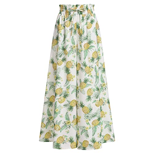 IBTOM CASTLE Damen Weites Bein Palazzo Hose Boho Hohe Taille Floral Sommer LäSsig Locker FließEnd Lounge-Hose Mit Tasche Ananas Druck L von IBTOM CASTLE