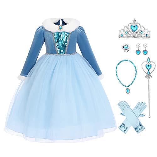 IBTOM CASTLE ELSA Kleid Mädchen Kostüme, Prinzessin Königin Eiskönigin ELSA 2 Kostüm Langarm Kleid Outerwear Set Schneeflocke Verkleidung Geburtstag Party Ankleiden Karneval Cosplay Blau-01 3-4 Jahre von IBTOM CASTLE
