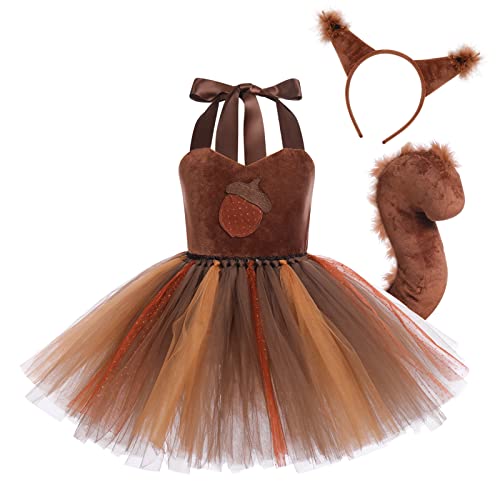 IBTOM CASTLE Eichhörnchen Kostüm Kinder: Kinder Baby Mädchen Tier Kostüme Dschungel Eichhörnchen Dress Up Tutu+Stirnband+Schwanz 3 Stück Karneval Geburtstag Partykleid Eichhörnchen 9-10 Jahre von IBTOM CASTLE