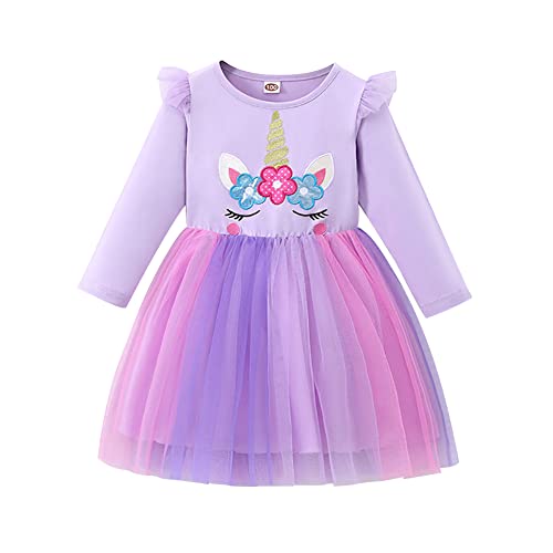 IBTOM CASTLE Einhörner Kleid für Mädchen, Kleinkind Kinder Herbst Winter Kleidung Langarm Tüll Kleid Regenbogen Prinzessin Kleider Hochzeit Weihnachten Party Kleid Lila Einhorn 3-4 Jahre von IBTOM CASTLE