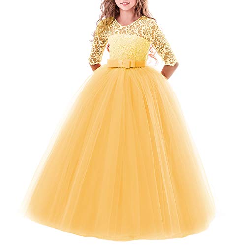 IBTOM CASTLE Elegant Brautjungfer Kleider für Mädchen Blumenmädchen Hochzeitskleid 3/4 Arm Spitzenkleid Tüllkleid Prinzessin Festzug Weihnachten Karneval Abendkleid Partykleid Gelb 5-6 Jahre von IBTOM CASTLE