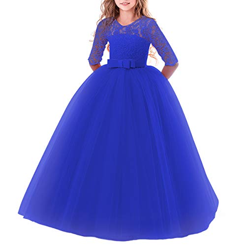 IBTOM CASTLE Elegant Brautjungfer Kleider für Mädchen Blumenmädchen Hochzeitskleid 3/4 Arm Spitzenkleid Tüllkleid Prinzessin Festzug Weihnachten Karneval Abendkleid Partykleid Königsblau 11-12 Jahre von IBTOM CASTLE