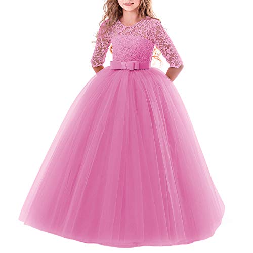 IBTOM CASTLE Elegant Brautjungfer Kleider für Mädchen Blumenmädchen Hochzeitskleid 3/4 Arm Spitzenkleid Tüllkleid Prinzessin Festzug Weihnachten Karneval Abendkleid Partykleid Koralle 13-14 Jahre von IBTOM CASTLE