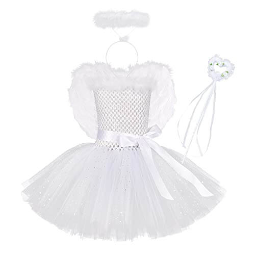 IBTOM CASTLE Engel Kostüm Kinder, Mädchen Engels und Teufel engelsflügel kostüm Tutu Kleid mit Angle Halo Stirnband Engelsflügel Set Fur Karneval Halloween Weihnachten Karneval Weiß 7-8 Jahre von IBTOM CASTLE