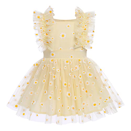 IBTOM CASTLE Erster Geburtstag Baby Mädchen Tutu Kleid Säugling Kleinkind Gänseblümchen Blume Spitze Rüsche Strampler Kleid mit Windel Abdeckung Strand Sommer Sonnenkleid Gelb 0-6 Monate von IBTOM CASTLE