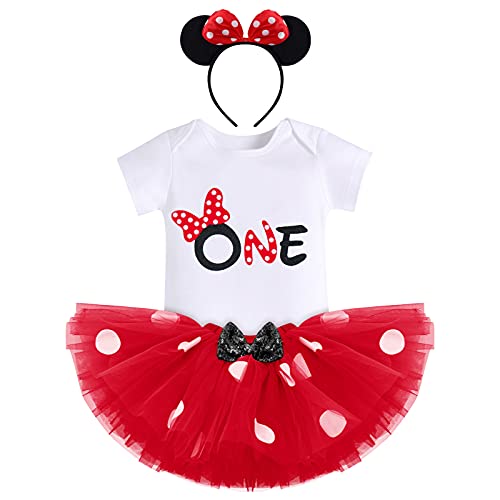 IBTOM CASTLE Erster Geburtstag Mädchen Outfit, Minnie Mouse Kostüm Kinder Kurzarm Baumwolle Strampler+Polka Dot Tutu Rock+Stirnband Cake Smash Baby Fotoshooting Outfit Rot-ONE 1 Jahr von IBTOM CASTLE