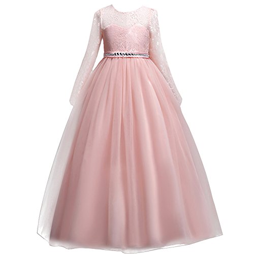 IBTOM CASTLE Festlich Mädchen Kleid für Kinder Sweet Prinzessin Langarm Spitzen Kleider Hochzeit Blumenmädchenkleid Rosa 10-11 Jahre von IBTOM CASTLE