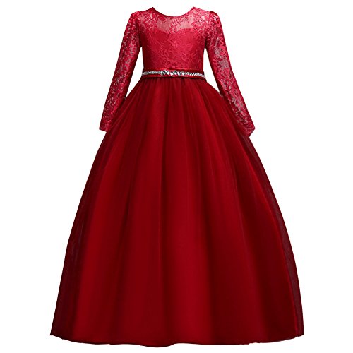 IBTOM CASTLE Festlich Mädchen Kleid für Kinder Sweet Prinzessin Langarm Spitzen Kleider Hochzeit Blumenmädchenkleid Rot 11-12 Jahre von IBTOM CASTLE