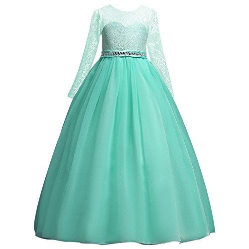 IBTOM CASTLE Festlich Mädchen Kleid für Kinder Sweet Prinzessin Langarm Spitzen Kleider Hochzeit Blumenmädchenkleid Türkis 11-12 Jahre von IBTOM CASTLE