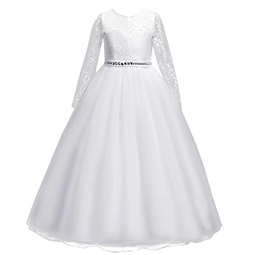 IBTOM CASTLE Festlich Mädchen Kleid für Kinder Sweet Prinzessin Langarm Spitzen Kleider Hochzeit Blumenmädchenkleid weiß 6-7 Jahre von IBTOM CASTLE
