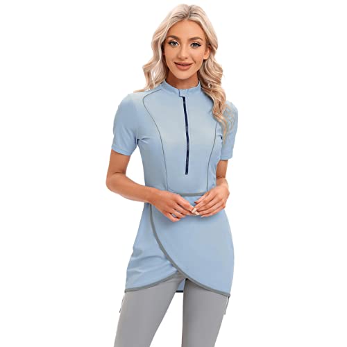 IBTOM CASTLE Frauen Kurzarm-Badeanzug, Muslimische Badeanzug Damen, Burkini Damen Muslim, Modest Badeanzug Frauen, Hijab Ganzkörper-Badeanzug Rash Guard Surf Suit Beachwear 3 Stück Set Hellblau L von IBTOM CASTLE