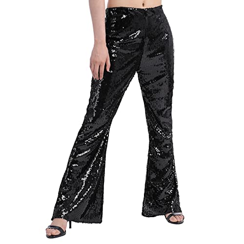 IBTOM CASTLE Glitzer Hose Damen: Damen Vintage Flare Hosen Glitzer Pailletten Schlaghose Glänzenden Tanzhosen Weites Bein Hose Freizeithose Festliche Party Disco Mode Disco Rave Schwarz L von IBTOM CASTLE