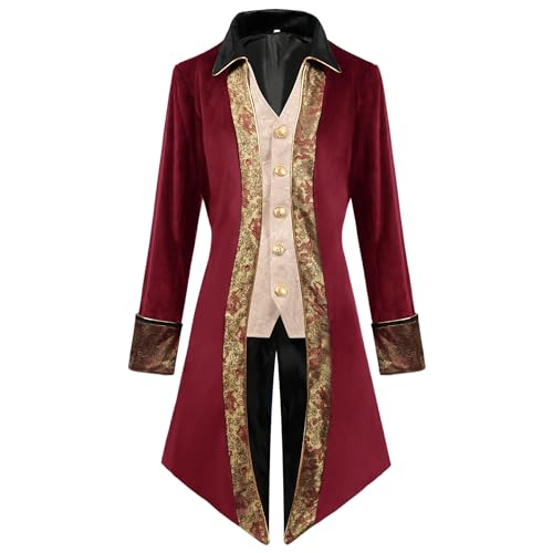 IBTOM CASTLE Herren-Frackjacke Gothic Steampunk Viktorianischer Victorian VTG langer Mantel Cosplay Frack Uniform Langarm Smoking Männer Für Karneval Vintage Party Gold rot XL von IBTOM CASTLE
