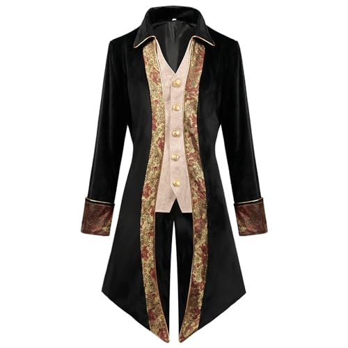 IBTOM CASTLE Herren-Frackjacke Gothic Steampunk Viktorianischer Victorian VTG langer Mantel Cosplay Frack Uniform Langarm Smoking Männer Für Karneval Vintage Party Gold schwarz 3XL von IBTOM CASTLE