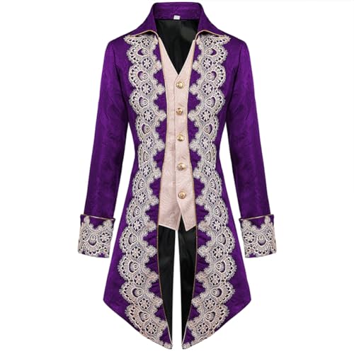 IBTOM CASTLE Herren-Frackjacke Gothic Steampunk Viktorianischer Victorian VTG langer Mantel Cosplay Frack Uniform Langarm Smoking Männer Für Karneval Vintage Party Spitze lila 3XL von IBTOM CASTLE
