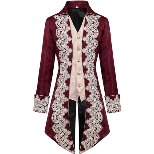 IBTOM CASTLE Herren-Frackjacke Gothic Steampunk Viktorianischer Victorian VTG langer Mantel Cosplay Frack Uniform Langarm Smoking Männer Für Karneval Vintage Party Spitze rot XXL von IBTOM CASTLE