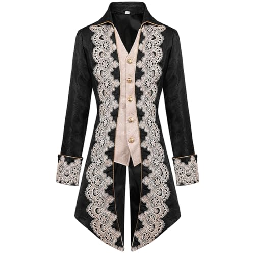 IBTOM CASTLE Herren-Frackjacke Gothic Steampunk Viktorianischer Victorian VTG langer Mantel Cosplay Frack Uniform Langarm Smoking Männer Für Karneval Vintage Party Spitze schwarz XXL von IBTOM CASTLE