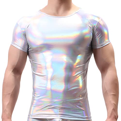 IBTOM CASTLE Herren Metallic Oberteil Glänzend T-Shirt Kurzarm Hemd Metallic Silber Hemd Muskelshirt Roundhals Tanz Disco-Nachtclub 70er 80er Disco Silber XL von IBTOM CASTLE