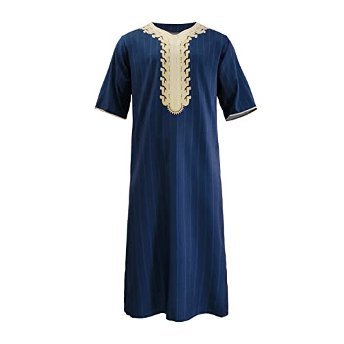 IBTOM CASTLE Herren Muslim Robe Scheich Gewand V-Ausschnitt Entspannt Einteiliger Kittel Naher Osten Abaya Islamische Kaftan Gebetskleidung Dunkelblau 2XL von IBTOM CASTLE