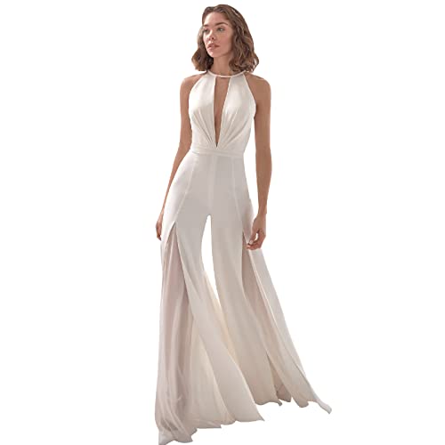 IBTOM CASTLE Jumpsuits Damen Sommer Overalls Jumpsuits Elegant Lang Breites Bein Ärmellos V-Ausschnitt Frauen Hochzeit Brautjungfer Rückenfrei Formal Geschäft Playsuits Hosenanzug Weißer Tüll XL von IBTOM CASTLE