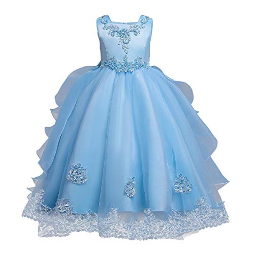 IBTOM CASTLE Kind Mädchen Kleider Festlich Hochzeit Prinzessinen Tüllkleid Ärmellose Blume Pailletten Perle Bowknot Partykleid Geburtstag Erstkommunion Lange Prom Ballkleid Blau 4-5 Jahre von IBTOM CASTLE