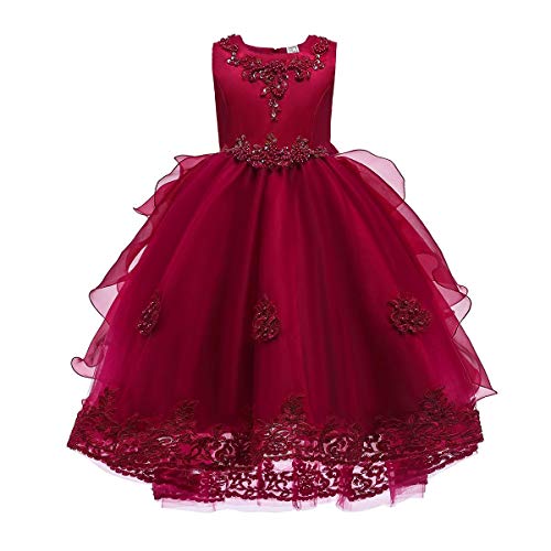 IBTOM CASTLE Kind Mädchen Kleider Festlich Hochzeit Prinzessinen Tüllkleid Ärmellose Blume Pailletten Perle Bowknot Partykleid Geburtstag Erstkommunion Lange Prom Ballkleid Weinrot 6-7 Jahre von IBTOM CASTLE