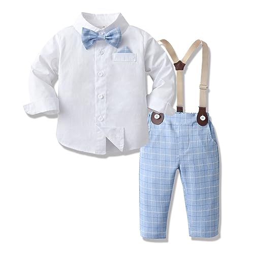 IBTOM CASTLE Kinder Baby Anzug Jungen Hochzeit Festlich Gentleman Smoking Langarm Hemd mit Fliege+Hosen+Hosenträger Taufanzug Babykleidung Set 4tlg Blau 4-5 Jahre von IBTOM CASTLE