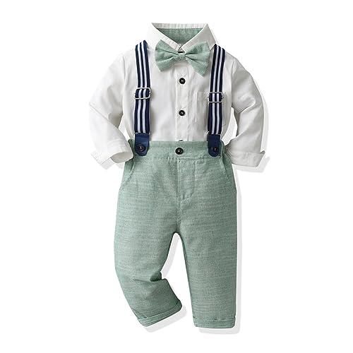 IBTOM CASTLE Kinder Baby Anzug Jungen Hochzeit Festlich Gentleman Smoking Langarm Hemd mit Fliege+Hosen+Hosenträger Taufanzug Babykleidung Set 4tlg Grün 12-18 Monate von IBTOM CASTLE