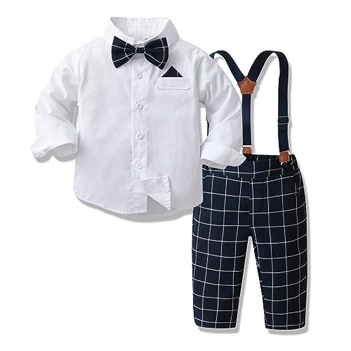 IBTOM CASTLE Kinder Baby Anzug Jungen Hochzeit Festlich Gentleman Smoking Langarm Hemd mit Fliege+Hosen+Hosenträger Taufanzug Babykleidung Set 4tlg Marineblau 12-18 Monate von IBTOM CASTLE