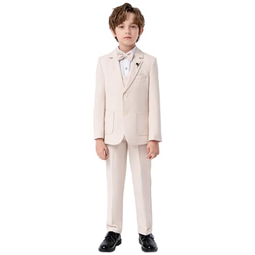 IBTOM CASTLE Kinder Baby Anzug Set Junge Hochzeit Taufkleid Jungen Gentleman Smoking Hochzeits Party Outfits Abschlussball Formelle Kleidung Jacken-Hose-Set Beige 11-12 Jahre von IBTOM CASTLE