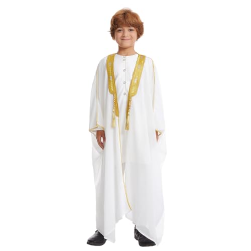IBTOM CASTLE Kinder Muslim Cardigan Jungen Offene Front Kaftan Kleid Langarm Gestickte Robe Islamische Gebetskleidung Ramadan Eid Outfit Arabisch Abaya Dubai Chiffon Thobe Weib 11-12 Jahre von IBTOM CASTLE