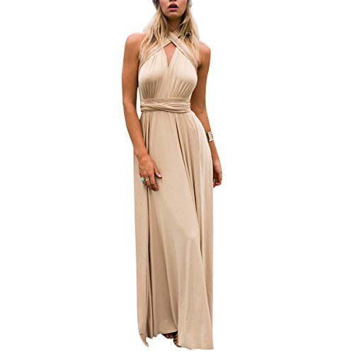 IBTOM CASTLE Kleid Damen Elegante V-Ausschnitt Bandage Lange Kleid Party Kleid Sommer Backless Strandkleid Abendkleid Sommerkleid Beige XS(EU 32) von IBTOM CASTLE