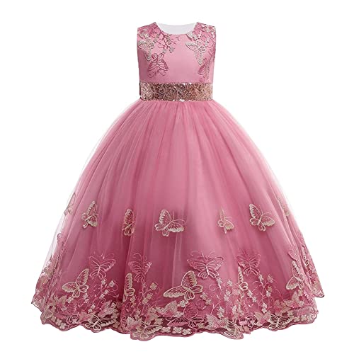 IBTOM CASTLE Kleid Teenager Mädchen - Blumenmädchenkleider Ärmellos Regenbogen-Netz Prinzessin KleiderTüll Festzug Geburtstag Abschlussball Brautkleid Abendkleid Rosa - Schmetterling 5-6 Jahre von IBTOM CASTLE