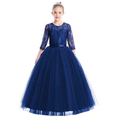 IBTOM CASTLE Kleid für Kinder, Mädchen, Geburtstag, Party, Brautjungfer, Hochzeit, Blume, Schleife, 3/4-Ärmel, Spitze, Tüll, Tutu, Abendkleid, Ballkleid, Kommunion, Marineblau, 11-12 Jahre von IBTOM CASTLE