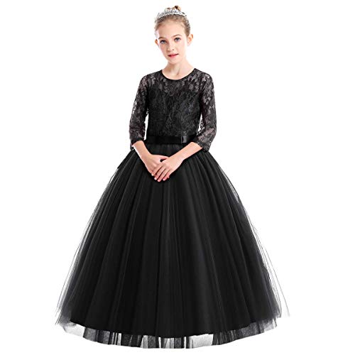 IBTOM CASTLE Kleid für Kinder, Mädchen, Geburtstag, Party, Brautjungfer, Hochzeit, Blume, Schleife, 3/4-Ärmel, Spitze, Tüll, Tutu, Abendkleid, Ballkleid, Kommunion, Schwarz , 9-10 Jahre von IBTOM CASTLE