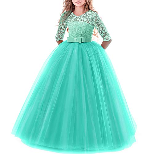 IBTOM CASTLE Kleider Mädchen Kinder Festlich Kleid Anlässe Partykleider Festzug 3/4 Arm Spitzenkleid Tüllkleid Erstkommunion Abendkleid Grün 11-12 Jahre von IBTOM CASTLE