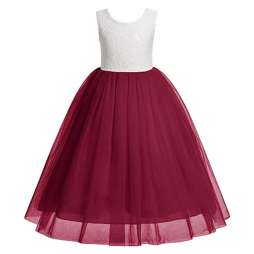 IBTOM CASTLE Kleines Großes Blumenmädchen Kleid Kurze Ärmel Spitze Rückenfrei Tüll Hochzeit Brautjungfer Taufe Abend Formale Festzug Prinzessin Maxi Ballkleid Burgundisch 9-10 Jahre von IBTOM CASTLE