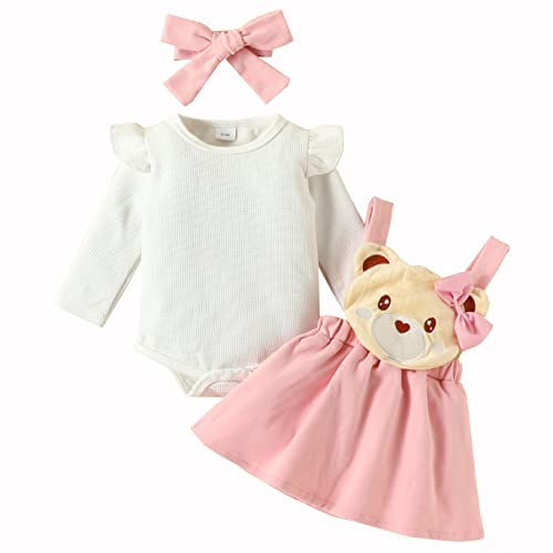 IBTOM CASTLE Kleinkind Baby Mädchen Lange Ärmel Niedlich Fuchs Giraffe Strampler + Strap Overall Kleid + Stirnband 3Pcs Kleinkind Tier drucken Strampler Strapsrock Set Rosa Bär 3-6 Monate von IBTOM CASTLE