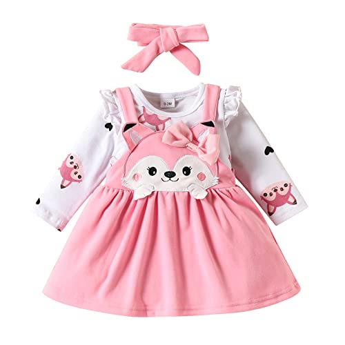 IBTOM CASTLE Kleinkind Baby Mädchen Lange Ärmel Niedlich Fuchs Giraffe Strampler + Strap Overall Kleid + Stirnband 3Pcs Kleinkind Tier drucken Strampler Strapsrock Set Rosa Fuchs 6-9 Monate von IBTOM CASTLE