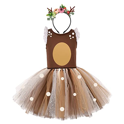 IBTOM CASTLE Kleinkind Baby Rentier Giraffe Weihnachtsmann Weihnachtsfeier Kostüm Kinder Mädchen Handarbeit Tüll Ballettkleid Halloween Kürbiskleid Karneval Cosplay Kleid mit Stirnband Hirsch 7T von IBTOM CASTLE